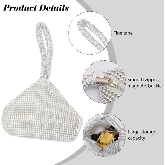 🆕Women Silver Polyester Beaded Triangle Clutch Bag Vintage Elegant Purse Prom - Picture 2 of 7